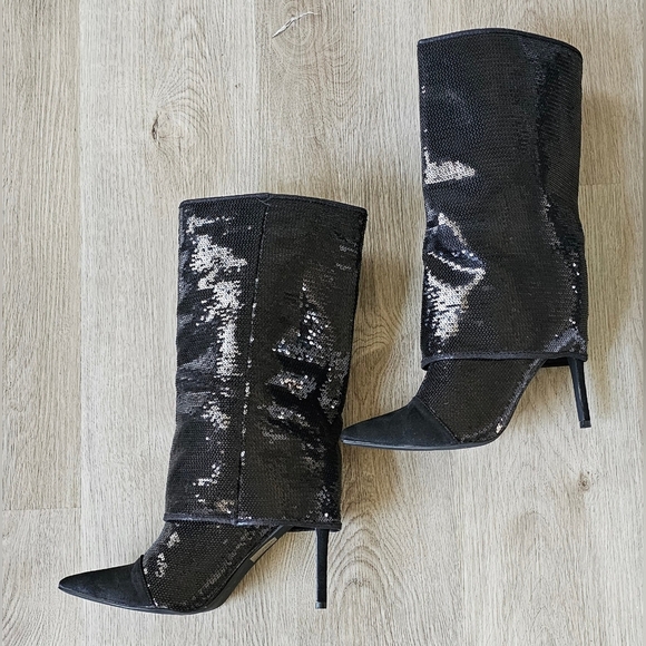 Size 11 Black Sequin Pointed Toe Slouch Boots - Picture 9 of 11